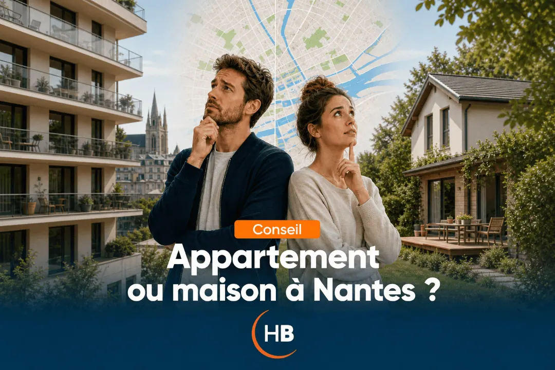 Un couple songeur devant un immeuble et une maison, avec le texte « Appartement ou maison à Nantes ? »