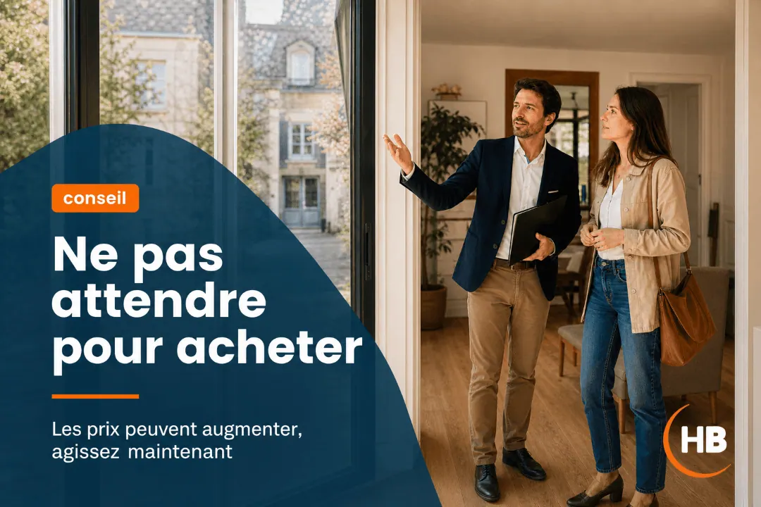 Un conseiller fait visiter un logement à une cliente, avec le texte « Ne pas attendre pour acheter »