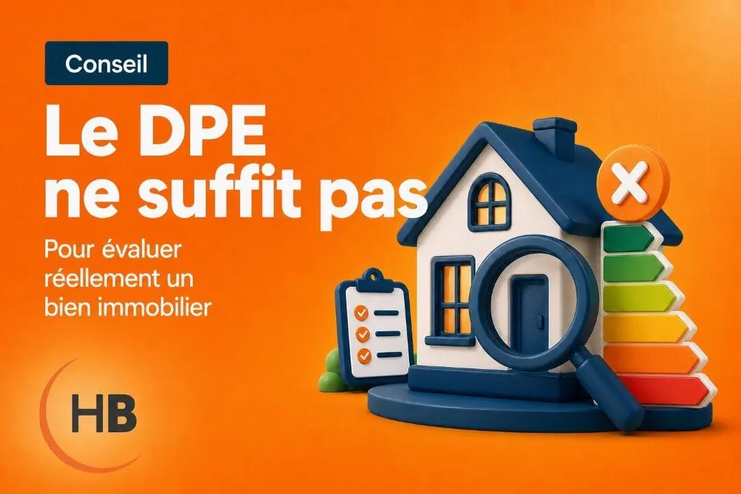 Maison, loupe et étiquettes énergie, avec le texte « Le DPE ne suffit pas »