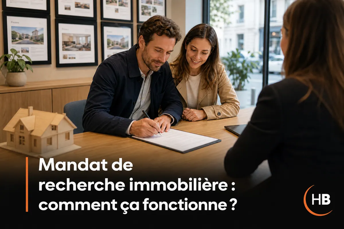 Un couple signe un document avec un conseiller, avec le texte « Mandat de recherche immobilière : comment ça fonctionne ? »