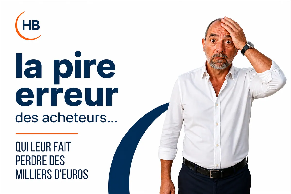 Homme portant la main à la tête, avec le texte « La pire erreur des acheteurs… qui leur fait perdre des milliers d'euros »