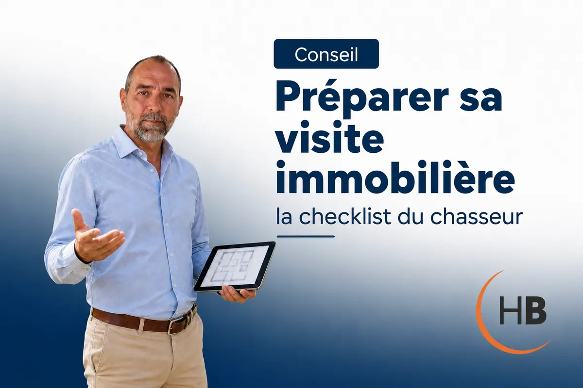 Chasseur immobilier tenant une tablette, avec le texte « Préparer sa visite immobilière : la checklist du chasseur »