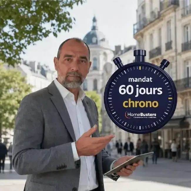 Chasseur immobilier à Nantes avec le badge « Mandat 60 jours chrono HomeBusters »