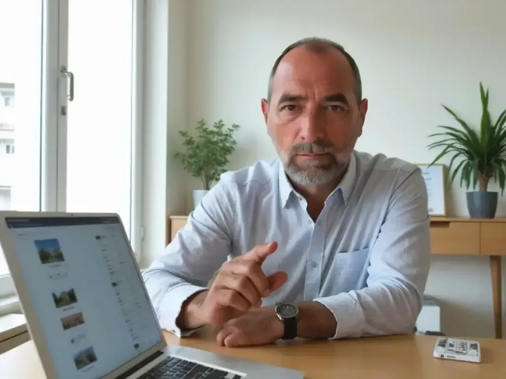 Chasseur immobilier à son bureau devant un ordinateur portable affichant des annonces