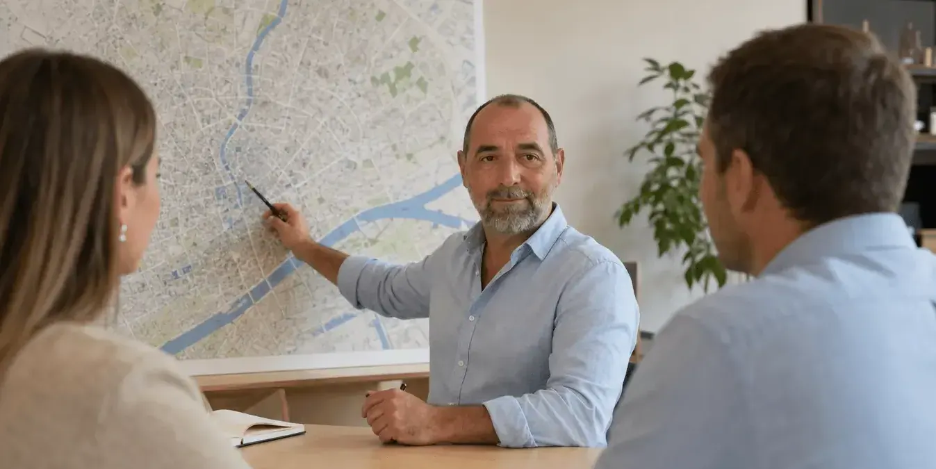 Chasseur immobilier pointant un plan de la ville à deux clients assis à sa table