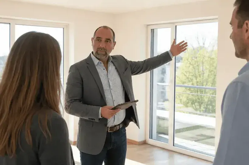 Chasseur immobilier présentant un appartement lumineux à un couple pendant une visite