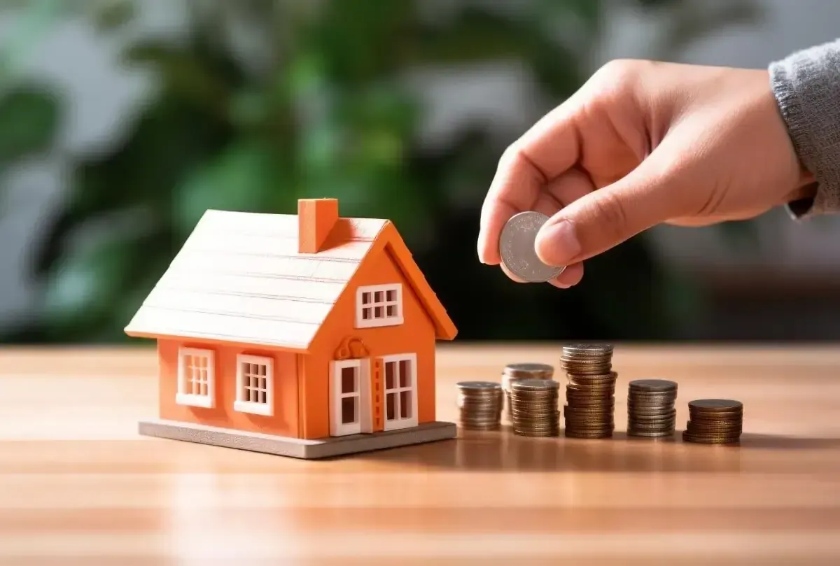Main posant une pièce près d'une maquette de maison, pour illustrer le budget d'achat